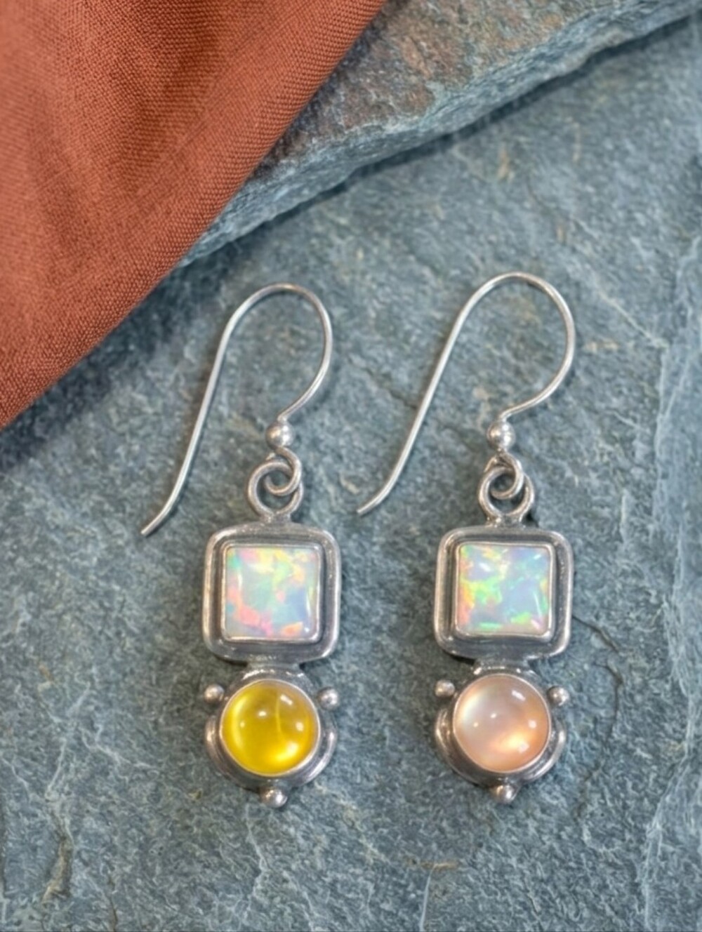 Vintage Sterling Silver Opal & Fluorite Drop Earrings Southwestern Artisan-Made